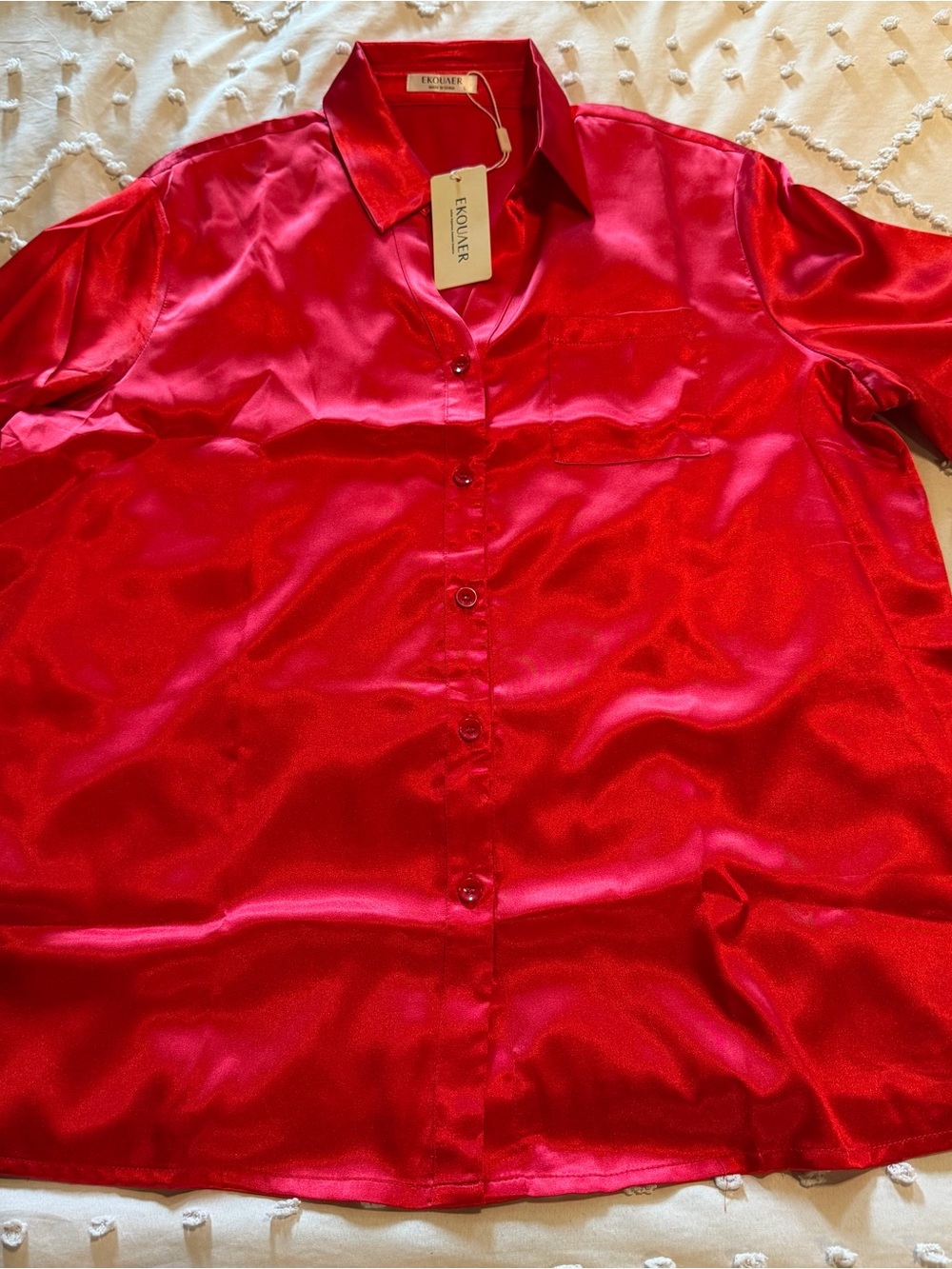 Satin Short-Sleeve Button-Down Shirt in Vibrant Red - Large - Picture 3 of 5